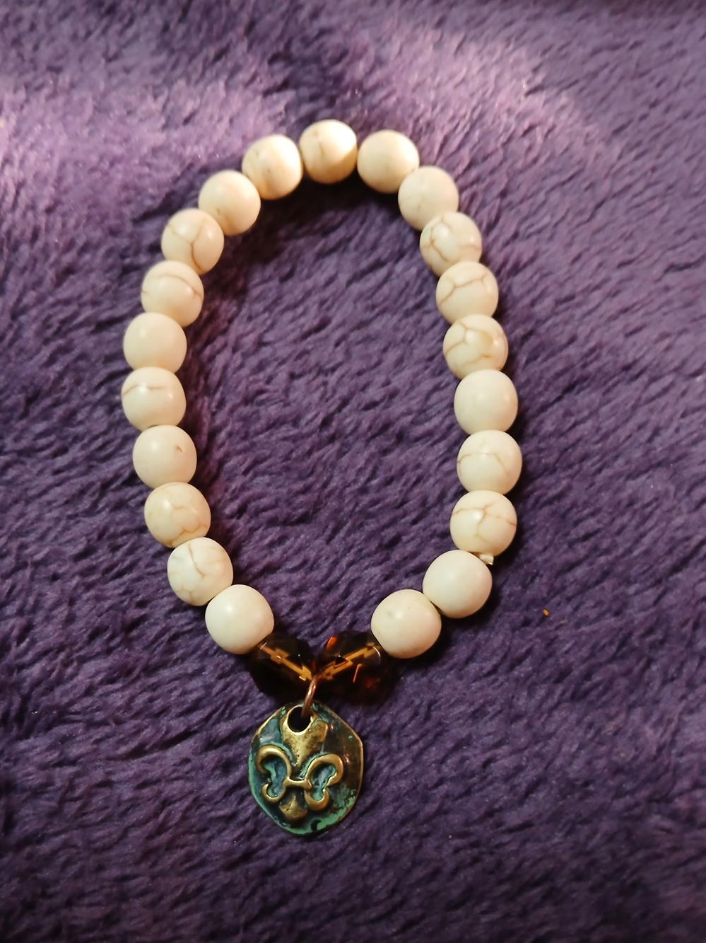 Cream Beaded Bracelet with Fleur-de-Lis Charm